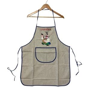 UKRAINE OS Unisex Apron Linen Flax Front Pocket Musical Guy Taupe Gray Blue Trim